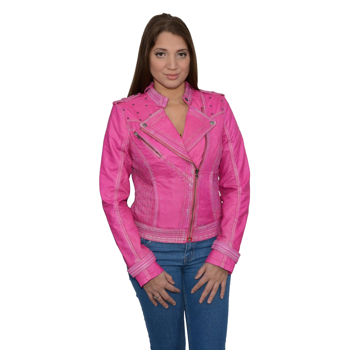 Pink women's sheepskin asymmetrical moto jacket with studding from HighwayLeather, showcasing stylish detailing and modern design.