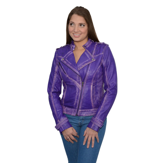 Women's sheepskin asymmetrical moto jacket with studding by HighwayLeather, featuring a stylish fit and detailed hardware.