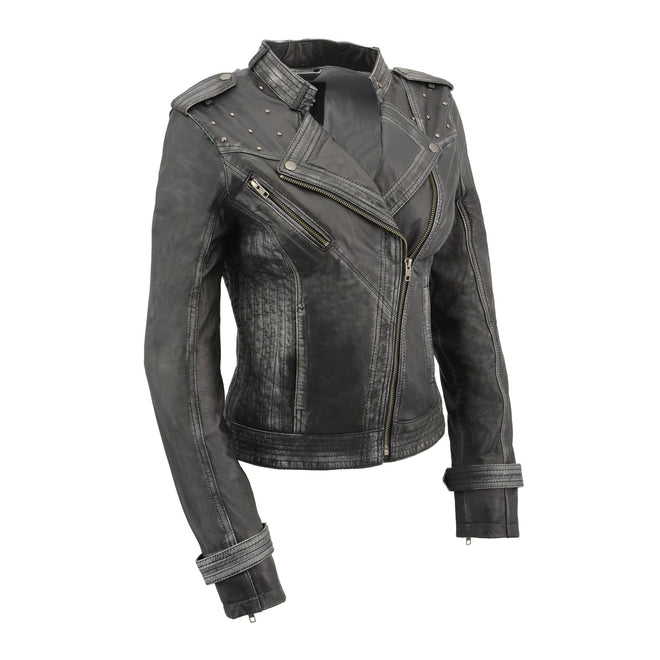 Black women's sheepskin asymmetrical moto jacket with studding by HighwayLeather, showcasing the stylish design and textured details.