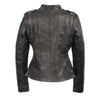 Black woman's double zipper asymmetrical moto jacket from HighwayLeather, featuring stylish design and multiple zipper details.