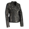Black woman's Double Zipper Asymmetrical Moto Jacket by HighwayLeather, featuring stylish design and metallic zippers.