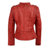 Red women's double zipper asymmetrical moto jacket by HighwayLeather, featuring stylish design and zipper details.