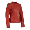 Red women's double zipper asymmetrical moto jacket by HighwayLeather, featuring stylish design and metal zipper details.
