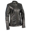 Black women's zip front scuba jacket with side stretch fitting by HighwayLeather, showcasing a sleek, fitted design.