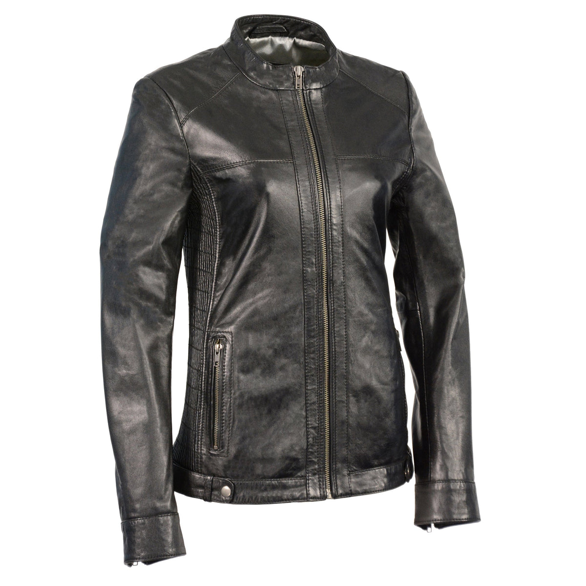 Black women's zip front scuba jacket with side stretch fitting by HighwayLeather, showcasing a sleek, fitted design.