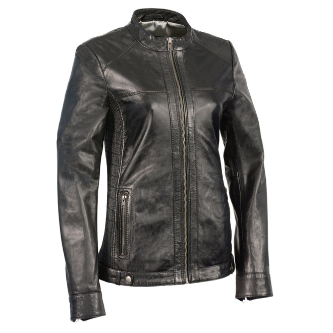 Black women's zip front scuba jacket with side stretch fitting by HighwayLeather, showcasing a sleek, fitted design.