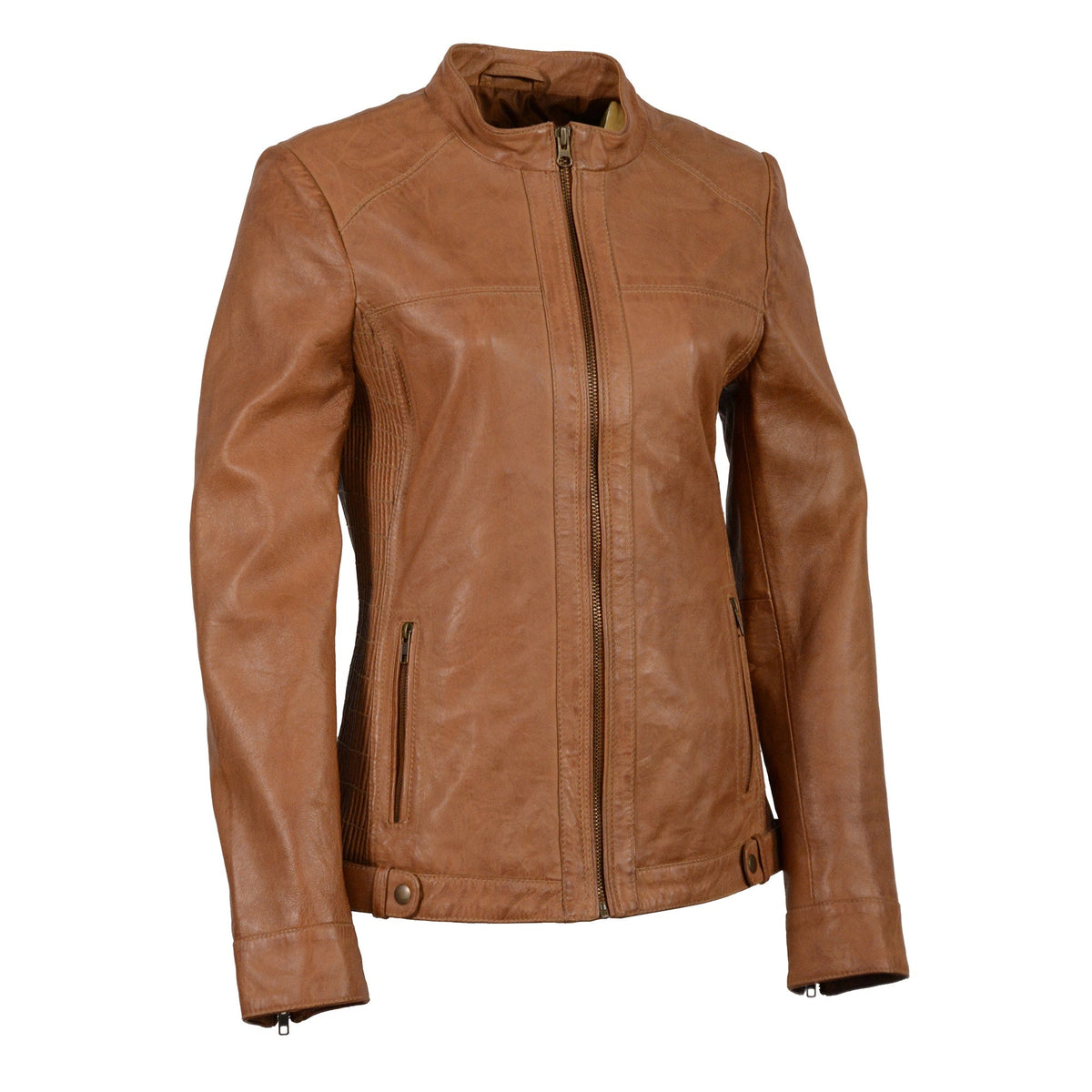 Woman's HighwayLeather scuba jacket with zip front and side stretch fitting, stylish and form-fitting women's jacket.