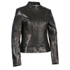 Black women's zip-front scuba jacket with stand-up collar from HighwayLeather, stylish and fitted for modern casual wear.