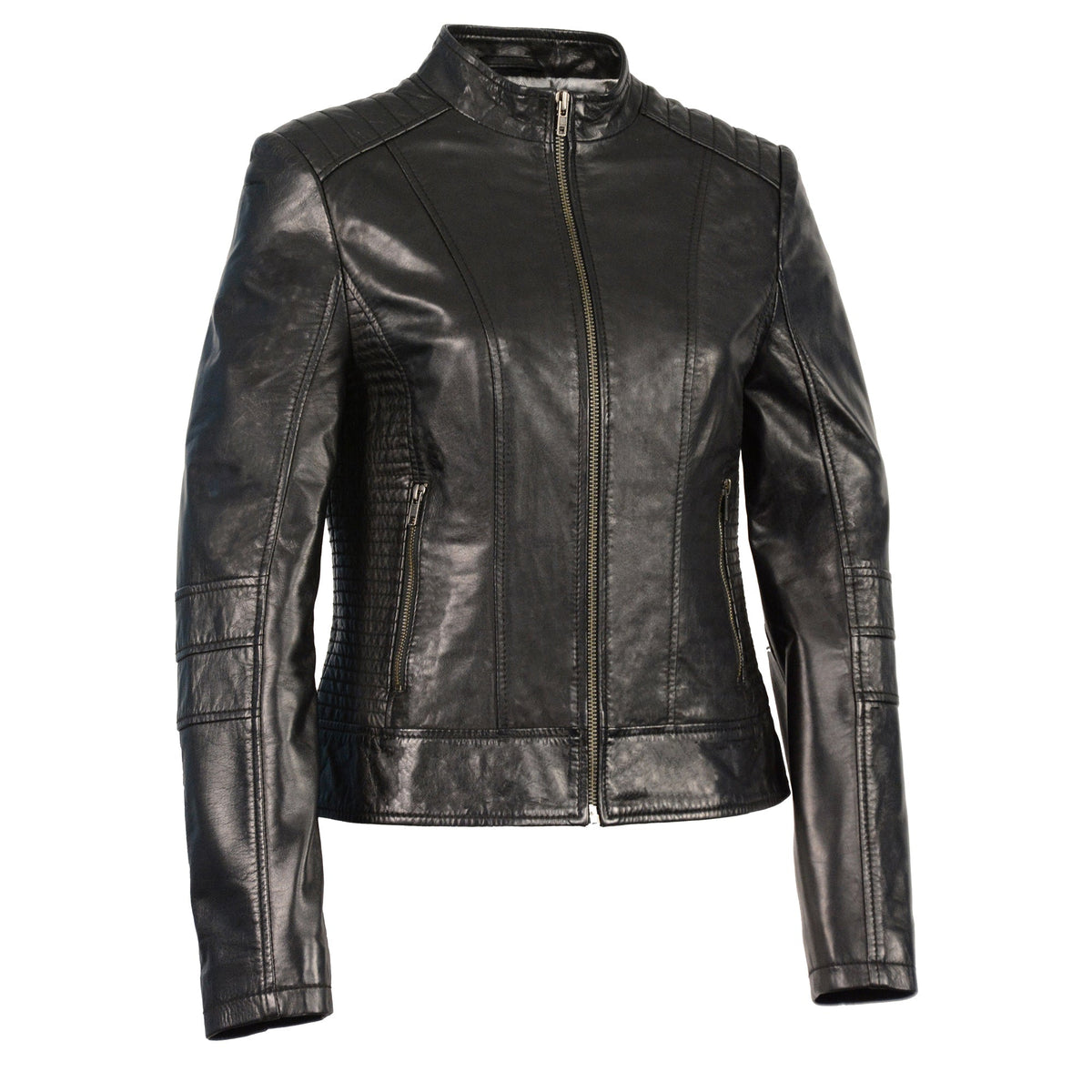 Black women's zip-front scuba jacket with stand-up collar from HighwayLeather, stylish and fitted for modern casual wear.