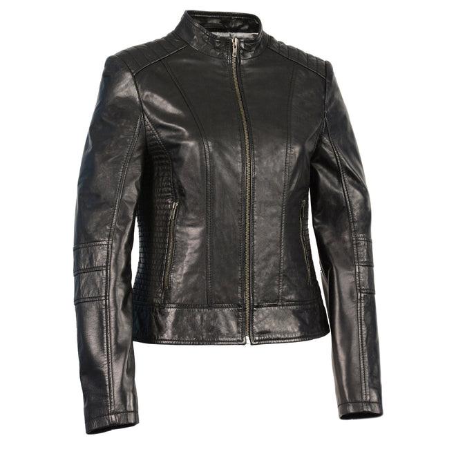 Black women's zip-front scuba jacket with stand-up collar from HighwayLeather, stylish and fitted for modern casual wear.