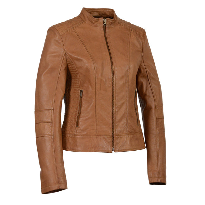 Woman's zip front scuba jacket with stand-up collar from HighwayLeather, shown in a stylish women's jacket style.