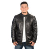 Men's black racer jacket with snap collar and triple stitch accents by HighwayLeather, showcasing front view and detailed stitching.