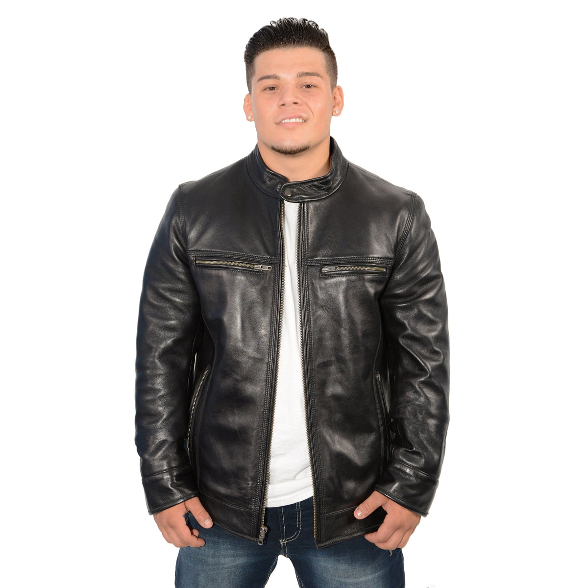 Men's black racer jacket with snap collar and triple stitch accents by HighwayLeather, showcasing front view and detailed stitching.