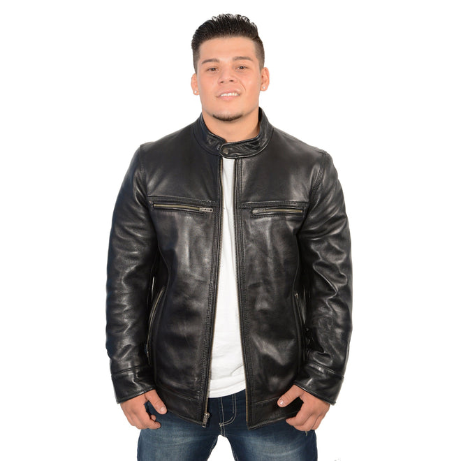 Men's black racer jacket with snap collar and triple stitch accents by HighwayLeather, showcasing front view and detailed stitching.