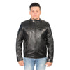 Men's black Euro collar café jacket with side stitch detailing by HighwayLeather, front view showing stylish design and stitching.