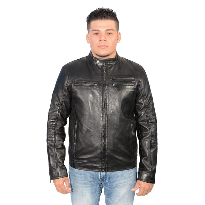Men's black Euro collar café jacket with side stitch detailing by HighwayLeather, front view showing stylish design and stitching.