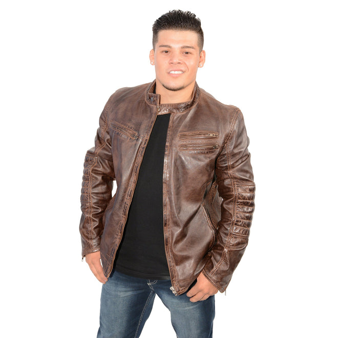 Men's café jacket with euro collar and side stitch details by HighwayLeather, shown in rich brown leather.