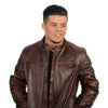 Men's Euro collar café jacket by HighwayLeather, brown men's jacket with side stitch detail, stylish and casual outerwear.