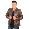 Men's Euro collar café jacket by HighwayLeather, brown men's jacket with side stitches and classic design.