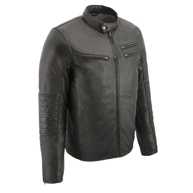 Men's Euro collar café jacket by HighwayLeather with side stitch details, black leather men's jacket, stylish and durable.