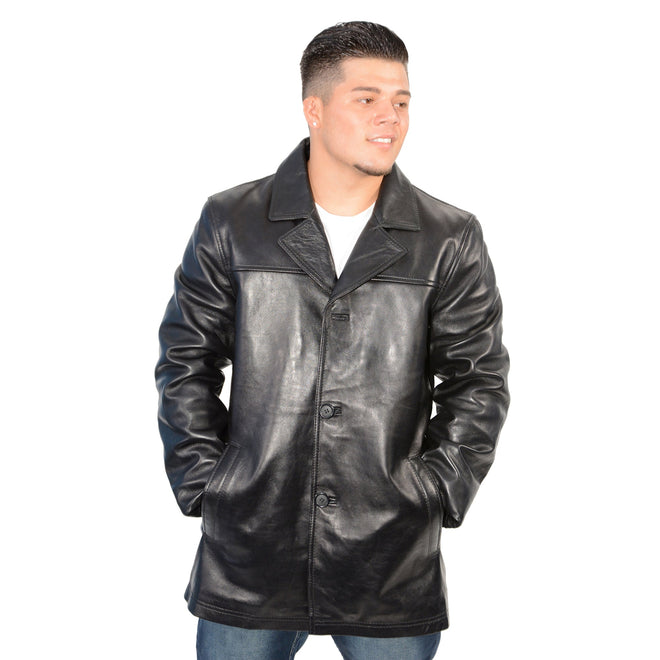 Men's classic four-button front car coat by HighwayLeather, black men's jacket with tailored design and durable fabric.