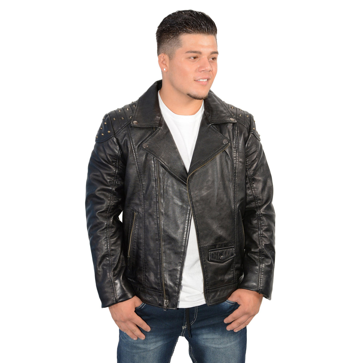 Men's motorcycle look jacket with shoulder studding by HighwayLeather, black leather jacket featuring stylish shoulder embellishments.