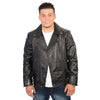 Men's motorcycle look jacket with shoulder studding by HighwayLeather, black leather men's jacket showcasing rugged style and detailing.