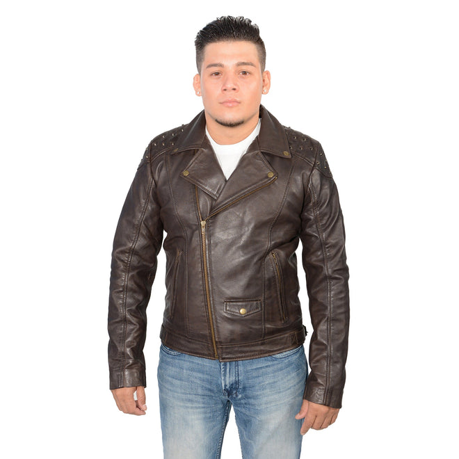 Men's motorcycle look jacket with shoulder studding by HighwayLeather, featuring a rugged design and studded shoulder details.