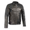 Men's black leather jacket by HighwayLeather with stand-up collar, side buckles, and lower back padding.
