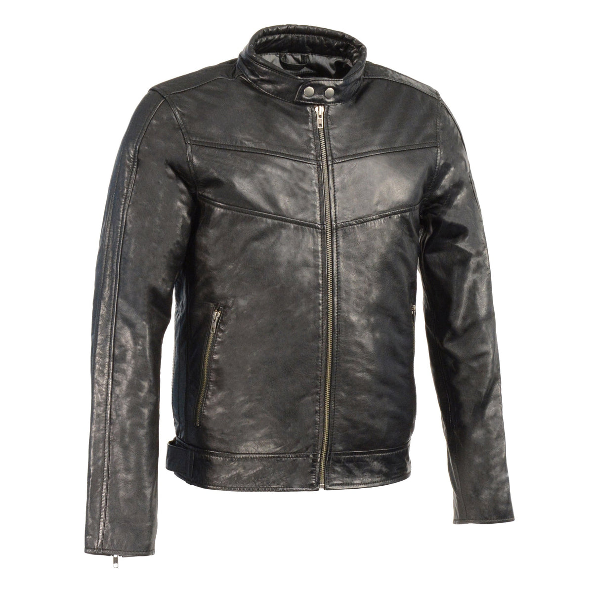 Men's black leather jacket by HighwayLeather with stand-up collar, side buckles, and lower back padding.