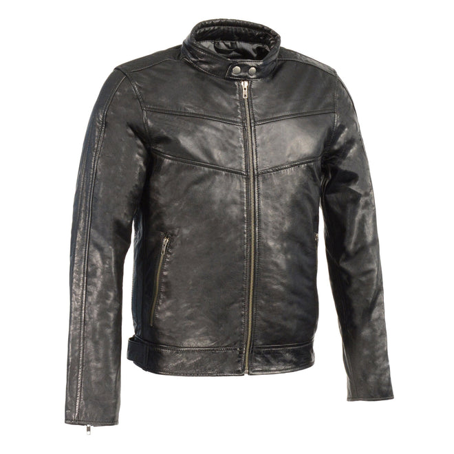 Men's black leather jacket by HighwayLeather with stand-up collar, side buckles, and lower back padding.