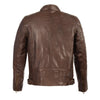 Men's brown leather jacket by HighwayLeather with stand-up collar, side buckles, and lower back padding, styled for a rugged look.