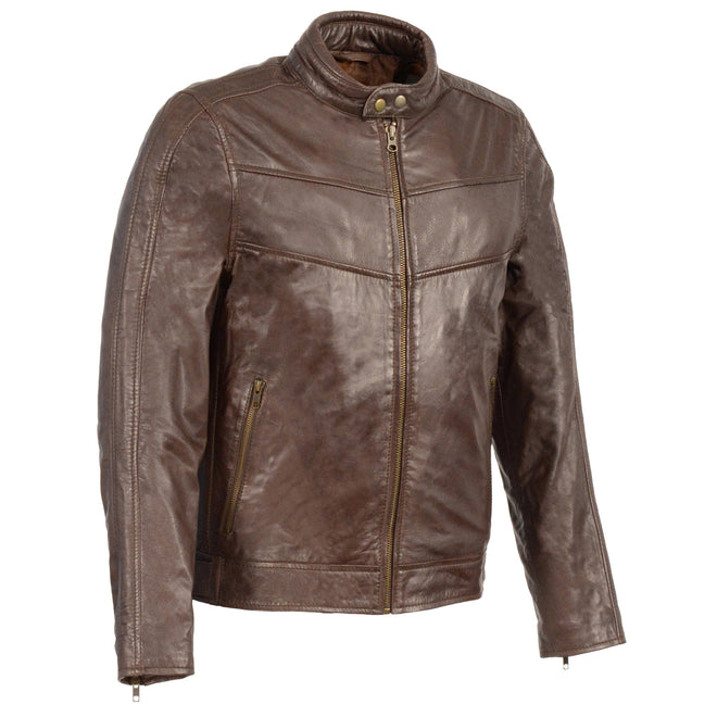 Men's brown leather jacket with stand-up collar, side buckles, and lower back padding from HighwayLeather, stylish men's jacket.