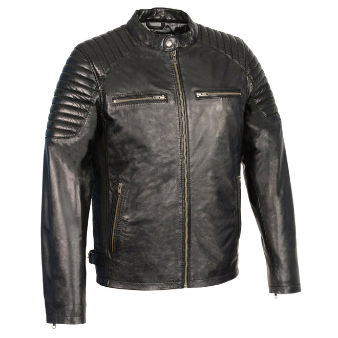 Men's black leather jacket with snap collar and quilted shoulder details, HighwayLeather men's jackets style SFM1840-BLK.