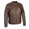 Men's brown leather jacket with snap collar and quilted shoulder details, stylish HighwayLeather men's jacket.