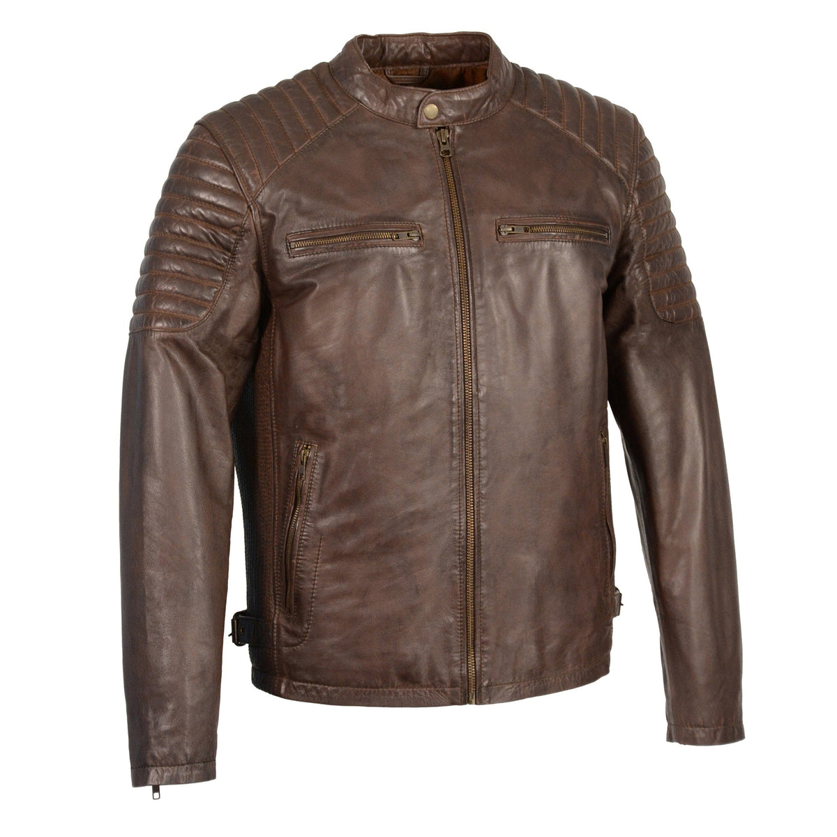 Men's brown leather jacket with snap collar and quilted shoulder details, stylish HighwayLeather men's jacket.