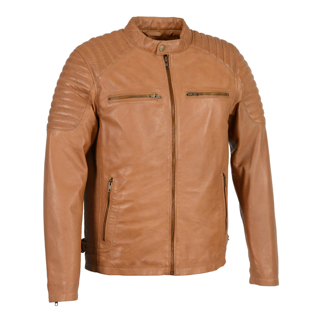 Men's Snap Collar Leather Jacket w/ Quilted Shoulders - HighwayLeather