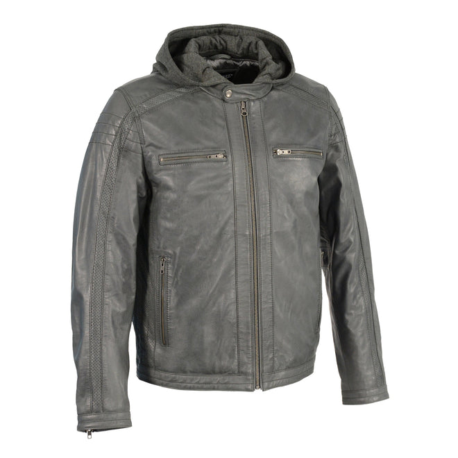 Men's leather jacket by HighwayLeather with zipper front and removable hood, featuring a sleek design and durable material.