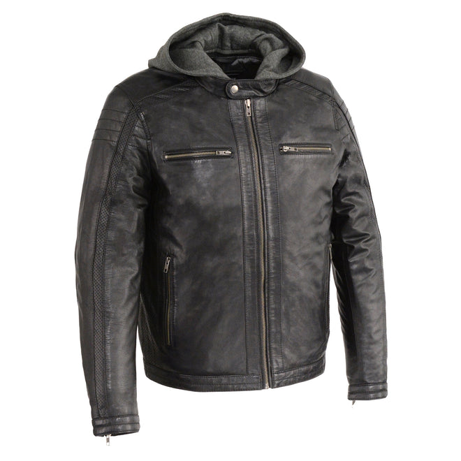 Men's black leather jacket with zipper front and removable hood by HighwayLeather, showcasing a sleek and stylish design.