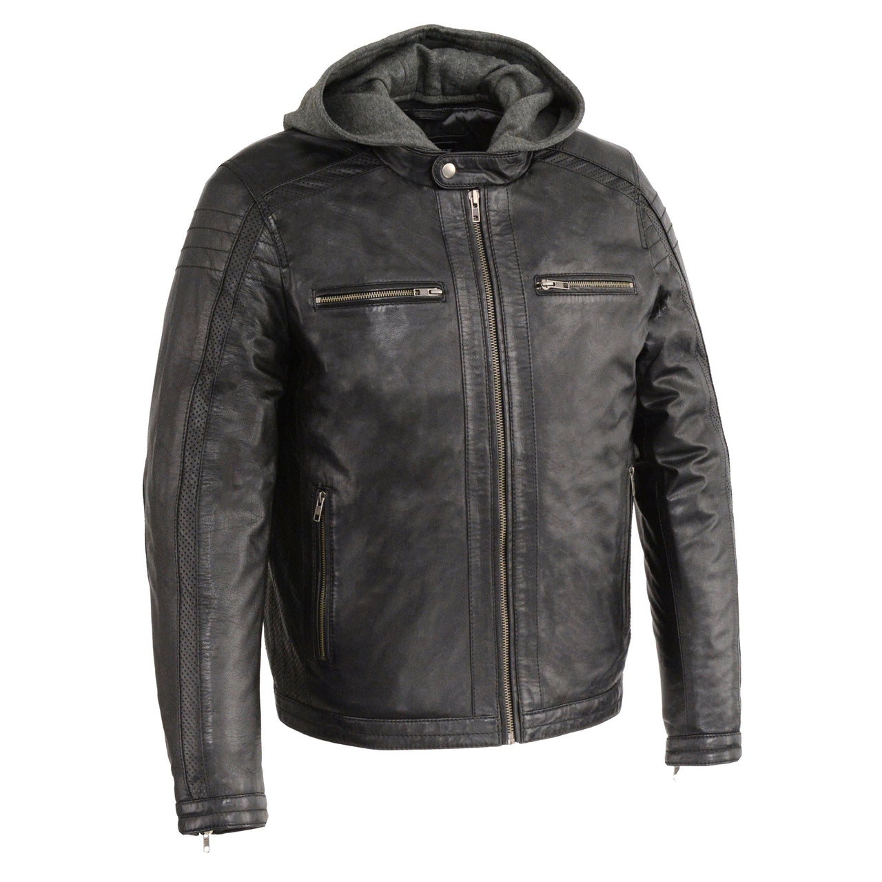 Men's Zipper Front Leather Jacket w/ Removable Hood - HighwayLeather