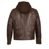 Men's brown leather jacket with zipper front and removable hood, HighwayLeather men's jacket displayed on a hanger.