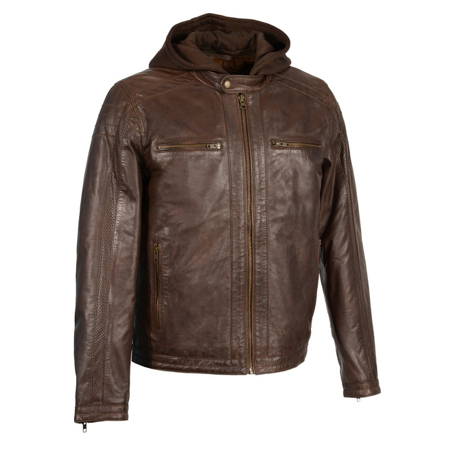 Men's brown zipper front leather jacket with removable hood by HighwayLeather, showcasing a stylish and durable outerwear design.