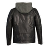 Men's black leather moto jacket with snap collar and removable hood by HighwayLeather, featuring a sleek, modern design.