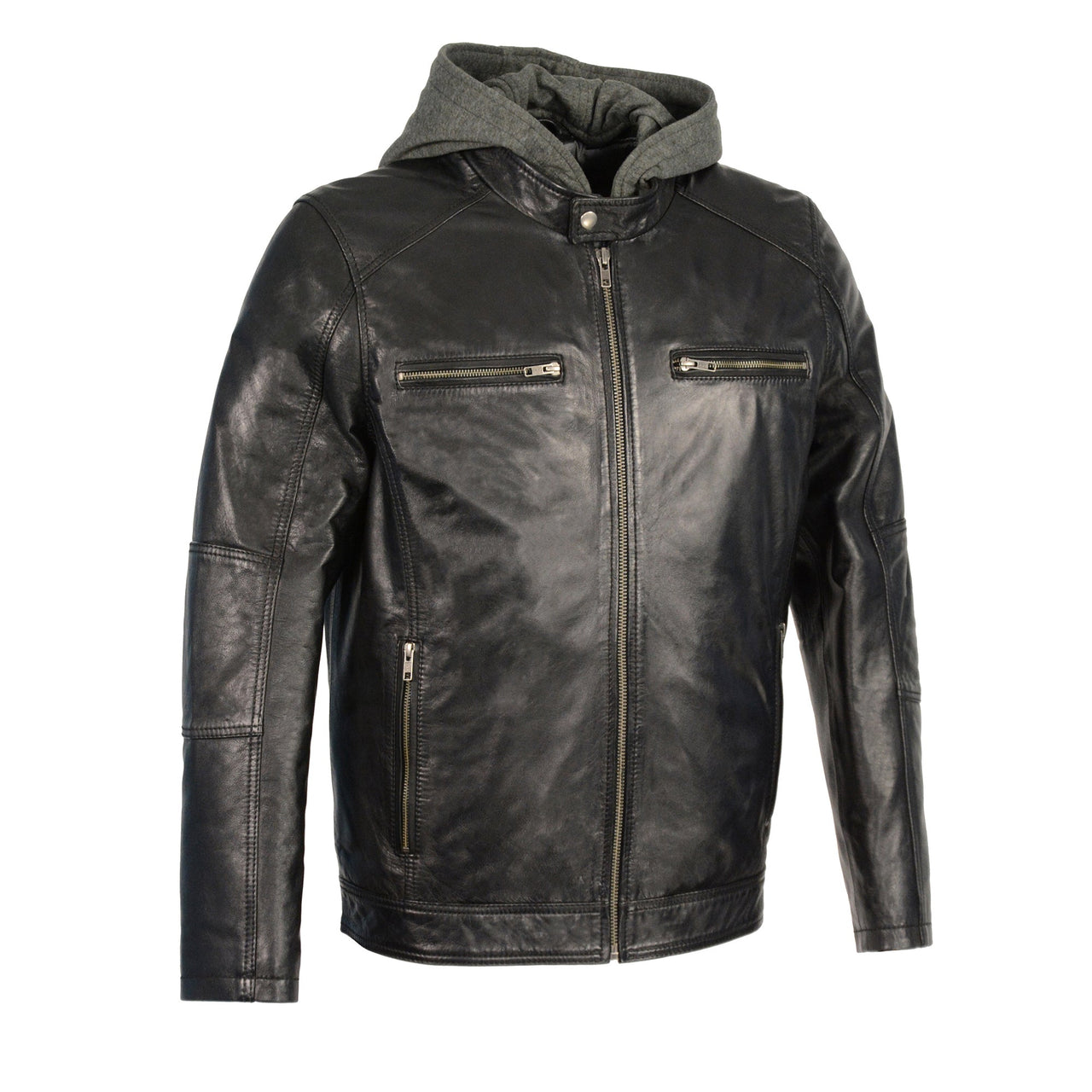 Men's Snap Collar Leather Moto Jacket w/ Removable Hood - HighwayLeather