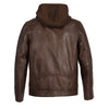 Men's brown leather moto jacket with snap collar and removable hood by HighwayLeather, featuring a sleek, fitted design.