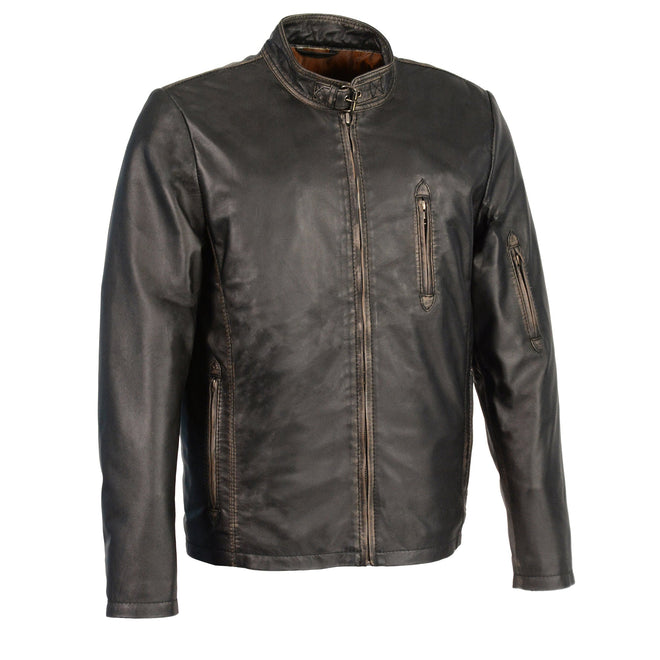 Men's black sheepskin leather moto racer jacket with throat latch by HighwayLeather, featuring a classic biker style and durable design.