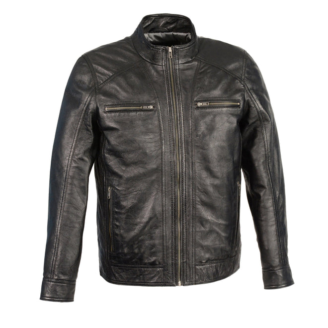 Men's black sheepskin moto leather jacket with zipper front from HighwayLeather, featuring a classic motorcycle style.