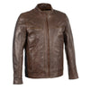 Men's brown sheepskin leather moto jacket with zipper front by HighwayLeather, showcasing a stylish and durable men's jacket.