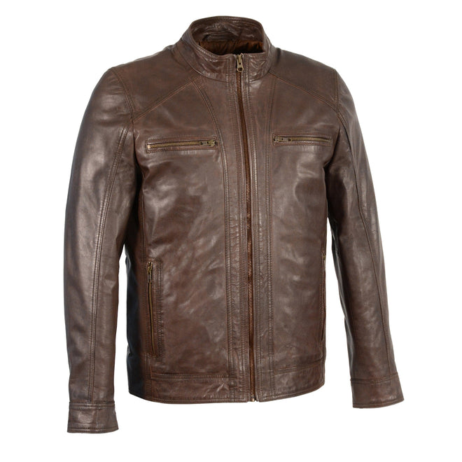 Men's brown sheepskin leather moto jacket with zipper front by HighwayLeather, showcasing a stylish and durable men's jacket.