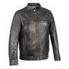 Men's classic black moto leather jacket with zipper front from HighwayLeather, featuring a sleek, fitted design.